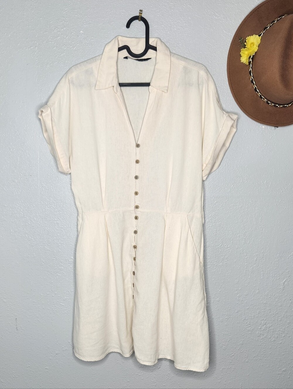 Zara Size S Linen Blend Cream Button-Front Mini Shirt Dress - Picture 2 of 6